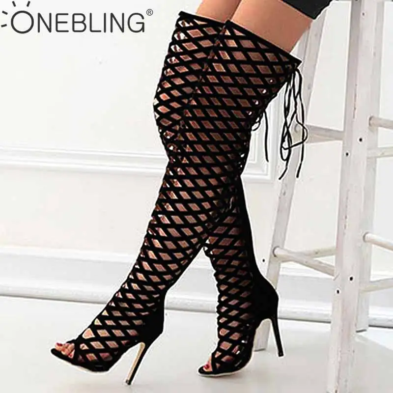 

OneBling Runway Hollow Women High Heels Over the Knee Boots 2019 Summer Sexy Peep Toe Lace Up Zipper Thigh High Stiletto Sandals