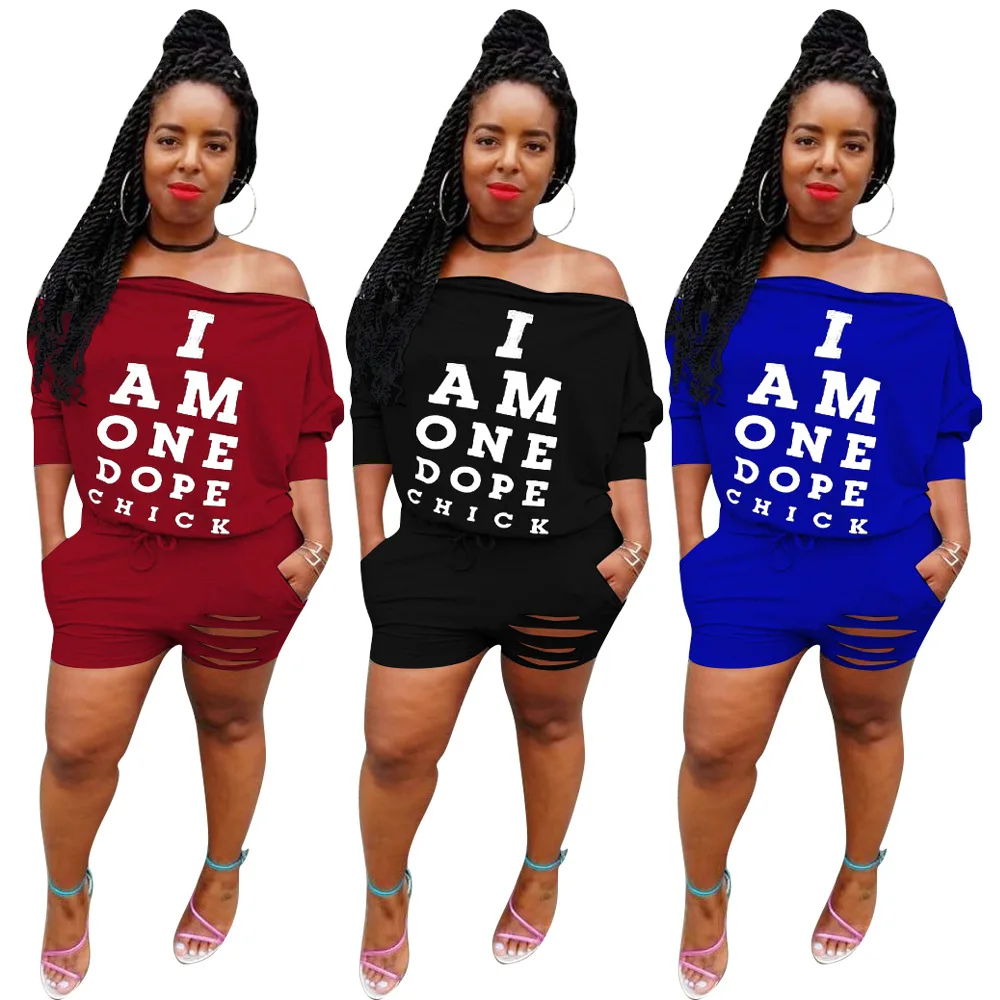 

Women autumn full sleeve shoulder stripped batwing i am one letter print shorts cut out fashion jumpsuit jumpsuit romper L5260
