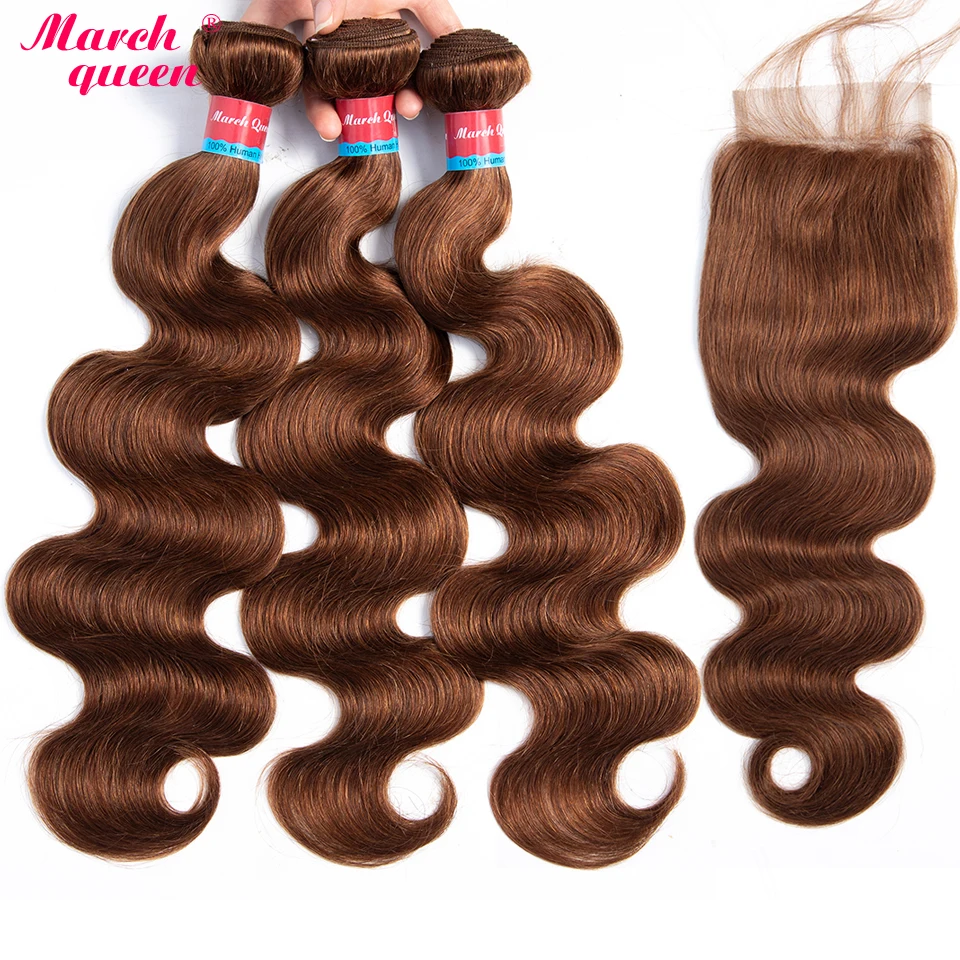 Marchqueen #4 коричневый цвет монгольские натуральные волосы Связки с закрытием предварительно цвет тела волна 3 Связки с закрытием не реми