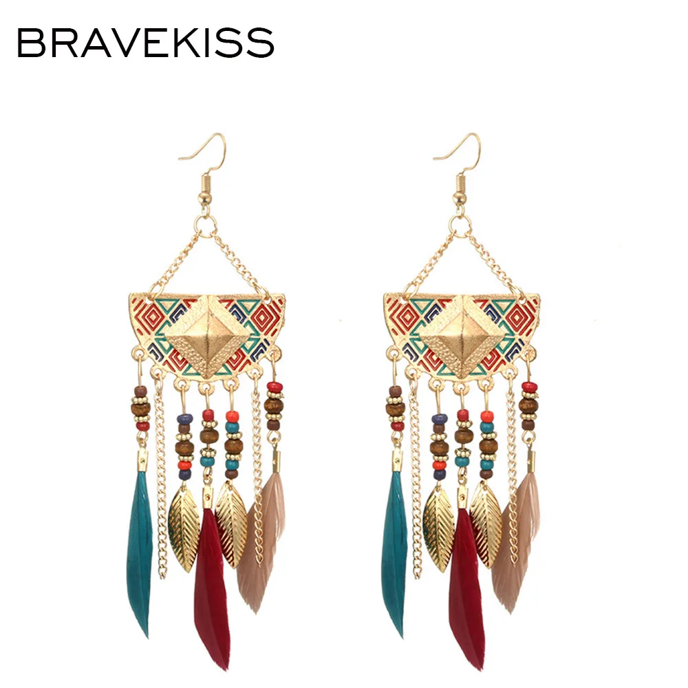 Серьги BRAVEKISS в богемном стиле серьги капельки с перьями и кисточками модные