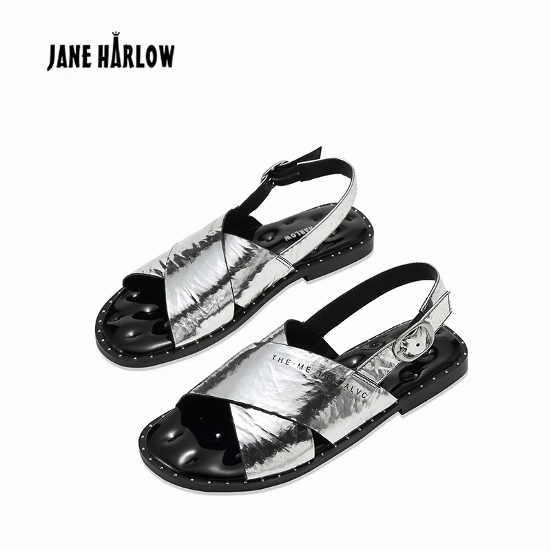 

JANE HARLOW 2019 summer Rubber Flat with Genuine Leather Buckle Strap Sheepskin womens sandals woman shoes flat sandals