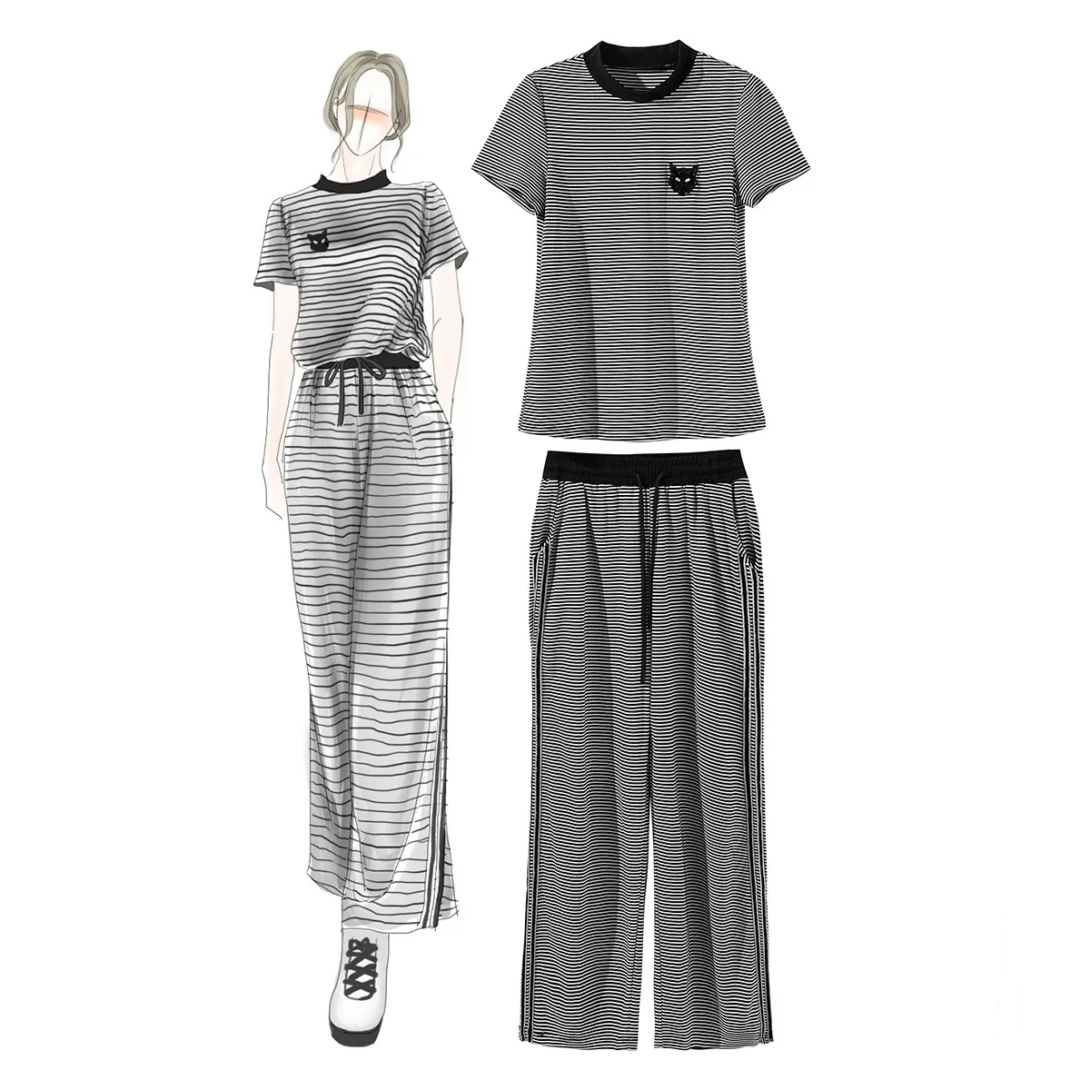 Uniek Ontwerp 2 stks/set Vrouwen Crop Top & Wijde Pijpen Broek Mode Clelebrity Kantoor Dame Elegante Gestreepte T-shirt Sets Uniek Ontwerp 2 stks/set Vrouwen Crop Top & Wijde Pijpen Broek Mode Clelebrity Kantoor Dame Elegante Gestreepte T-shirt Sets