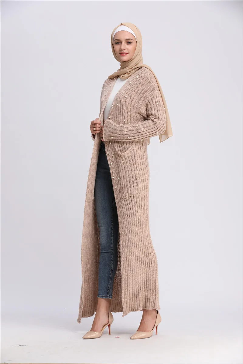 Жемчужный кардиган, женский длинный свитер, зимнее женское пальто, вязаная винтажная элегантная одежда размера плюс, тонкая женская мусульманская модная верхняя одежда