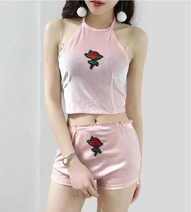 

4 Colors Sexy Women Rose Embroidery Velvet 2 Two piece set 2018 New Halter Tank Camis Crop Top with Brief Panties Sets Outfit