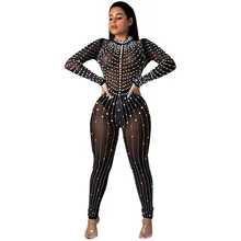Sexy Beaded Embellished Skinny Jumpsuit Women Glitter Rhinestone Diamonds Mesh See Through Patchwork Jumpsuit Rompers Clubwear