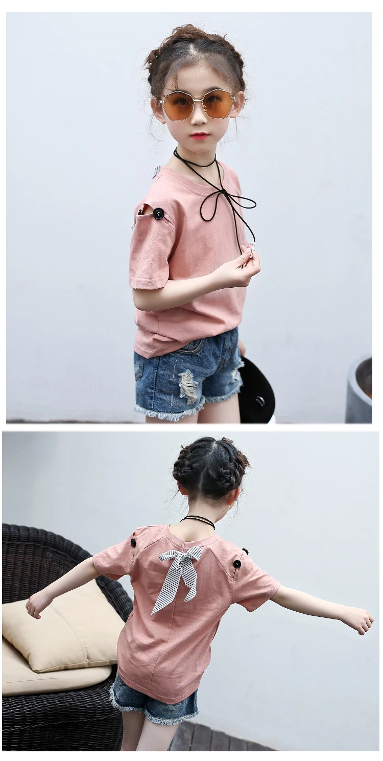 bow off shoulder cotton t shirt for girls kid 10 11 12 years clothes summer 2018 casual tees tops for baby big girls clothing (13)