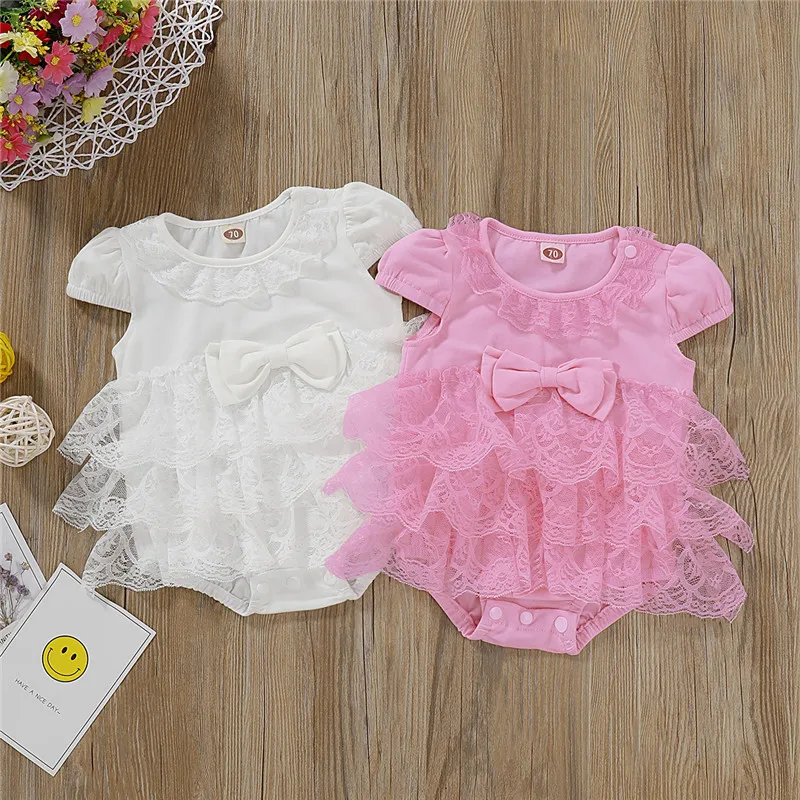 

Infant Baby Girl Lace Bodysuits Summer Cute Baby Girl Short-Sleeves Jumpsuit Bow Cascading Ruffles Sunsuits Cotton Clothes 0-18M