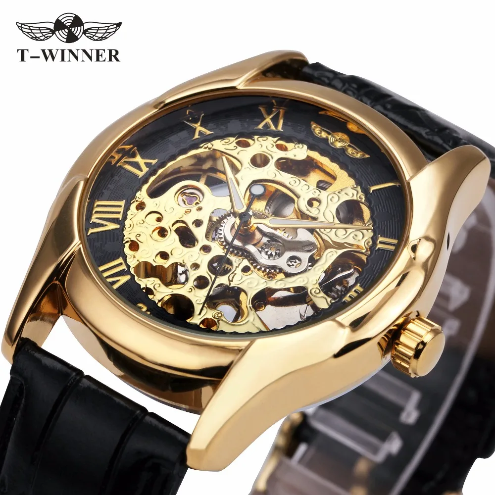 

WINNER Top Brand Luxury Dress Men Auto Mechanical Watch Leather Strap Golden Skeleton Dial Roman Numbers Royal Style Wristwatch