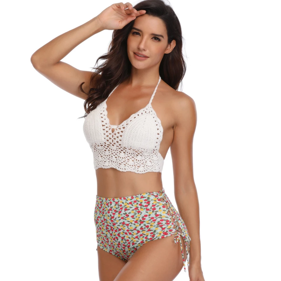 

Sexy crochet high waist bikini set 2019 beach Brazil Trikini backless swimsuit bathing suit beachwear bikini swimsuit