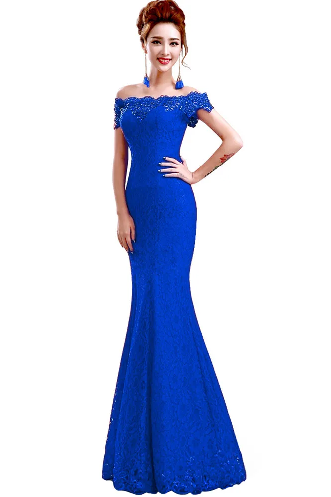 Royal Blue ЗЕЛЕНЫЕ КРУЖЕВНЫЕ Длинные Выпускные платья Русалка с открытыми плечами вечерние платья Украшенные бисером vestidos de gala - Цвет: Royal Blue