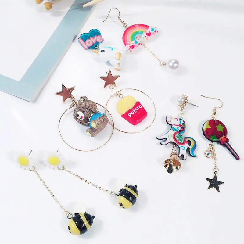 

2019 Korean cartoon animal cute unicorn earrings fashion asymmetric trojan bear rainbow resin long earrings for women jewelry