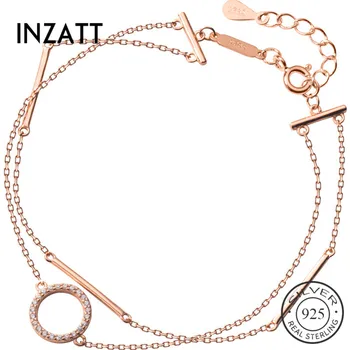 

INZATT Real 925 Sterling Silver Geometric Zircon Round Bracelet For Charming Women Party Cute Double Chain Fine Jewelry 2019
