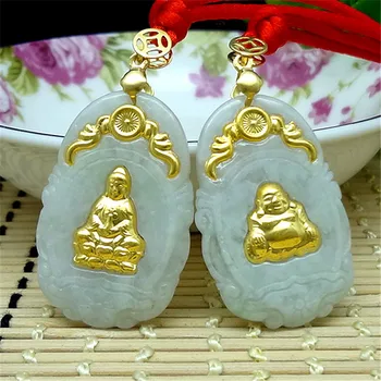 

3D gold inlaid natural jade Guanyin Buddha pendant e66#