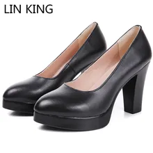 LIN KING Plus Size Black Genuine Leather Women Pumps Square Heel Platform Shoes Female Slip On High Heel Business Office Shoes lin king plus size square heel women pumps genuine leather slip on pointed toe high heel shoes lady sexy outdoor plarform shoes