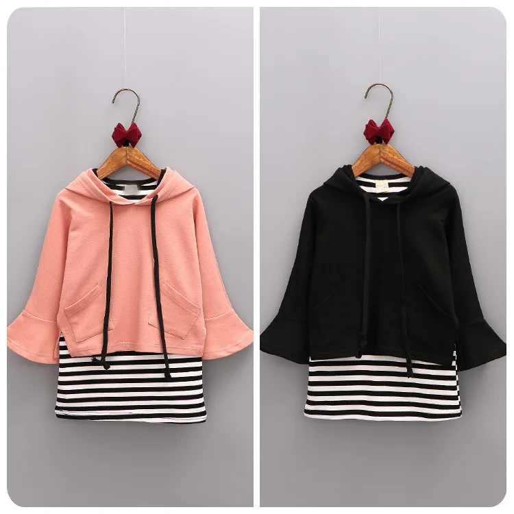 

2016 Autumn Clothing New Pattern Girl Korean Personality Irregular Even Hat Loose Coat Stripe Vest Skirt Twinset