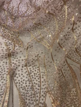 

Nigerian Lace Fabric with glued glitter yaking-12.1123 French Embroidered lace fabric for party dress
