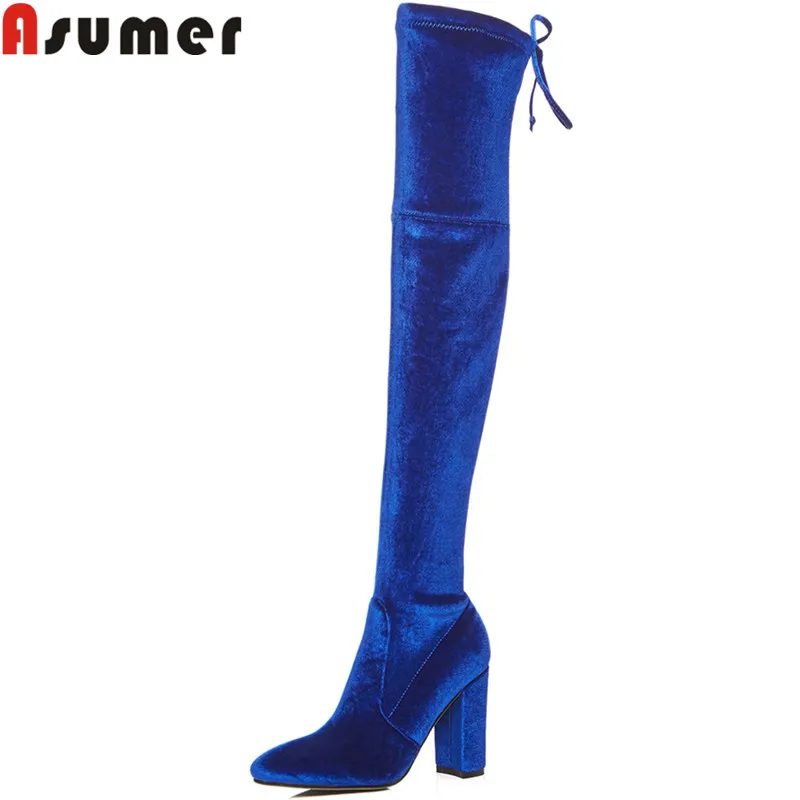 

ASUMER big size 34-43 fashion over the knee boots round toe lace up flock high heels women shoes elegant ladies prom boots