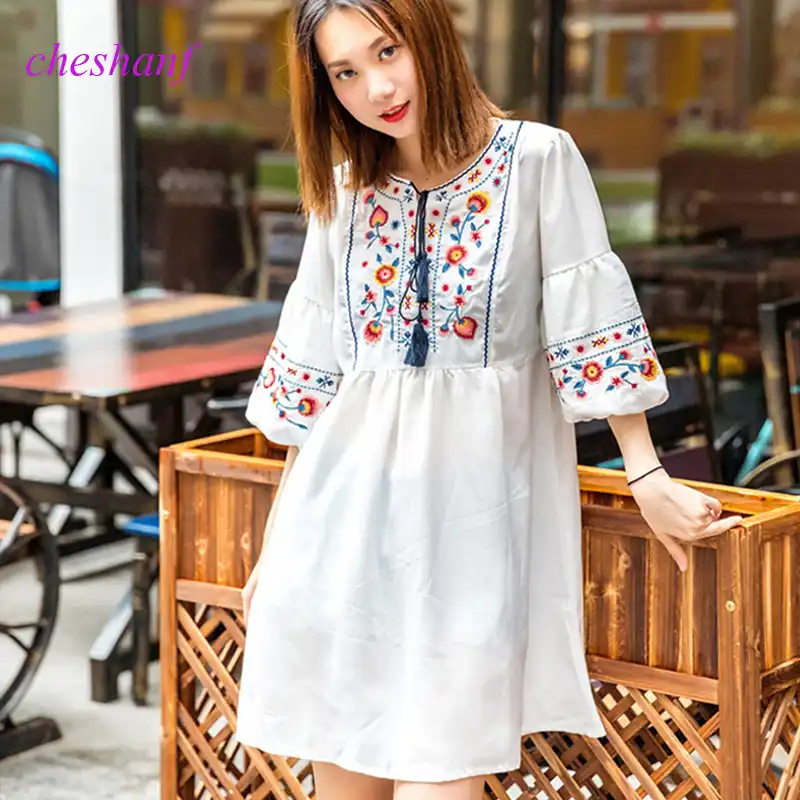 embroidered lantern sleeve tassel tie smock dress
