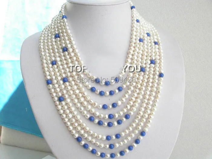 

W&O655 >Stunning! 8rows white freshwater pearls Lapis Lazuli necklace 925SS