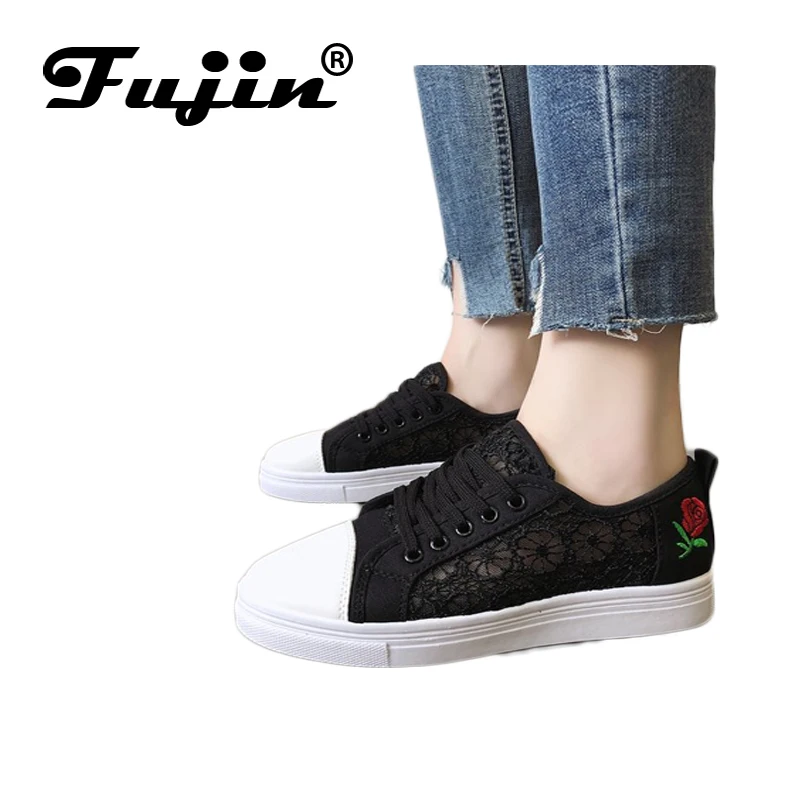 

Fujin Brand 2019 Spring Summer New Wild Fashion Lace Breathable White Shoes Female Students Flat Canvas Casual Shoes