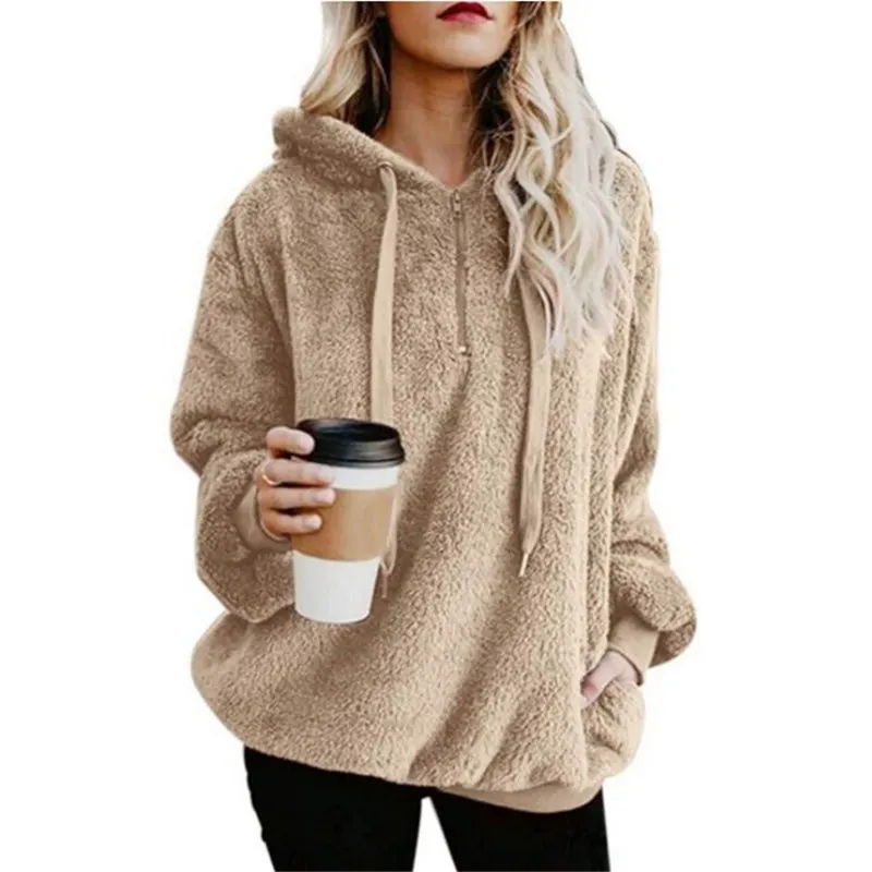 

2018 new autumn winter flannel solid color zipper large size warm Korean casual ladies set head hoodies and sweatshirts S-5XL