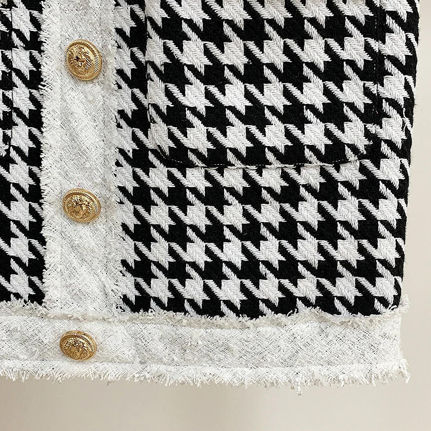 Wysokiej dobrej jakości, najnowsze 2021 jesień zima barokowy projektant spódnica damska frędzlami guziki z lwem Houndstooth Tweed Mini spódnica 6 Wysokiej dobrej jakości, najnowsze 2021 jesień zima barokowy projektant spódnica damska frędzlami guziki z lwem Houndstooth Tweed Mini spódnica 6