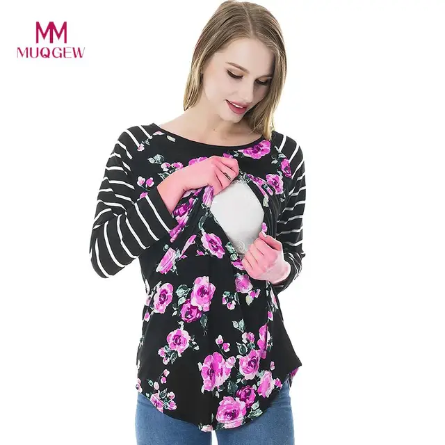 Women Mom Pregnant Nursing Maternity Clothes Long Sleeved Striped Floral Print Blouse Multi-Functional Breastfeeding Clothes