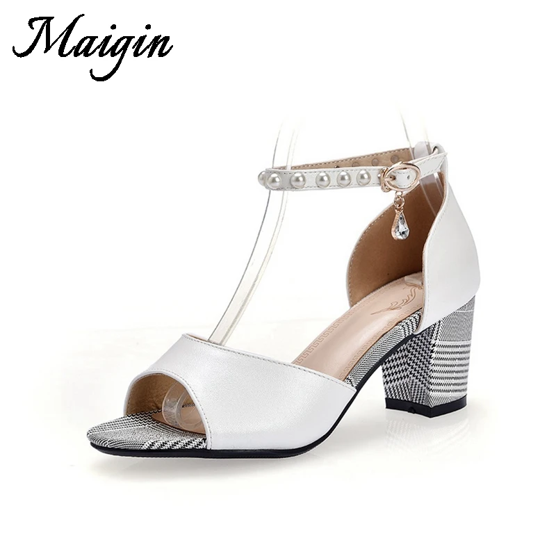 Maigin 2018 New Women Sandals Peep Toe Block Heels Cover Heel Pearl Sandals Women Buckle Strap Female Shoes High Summer Shoes