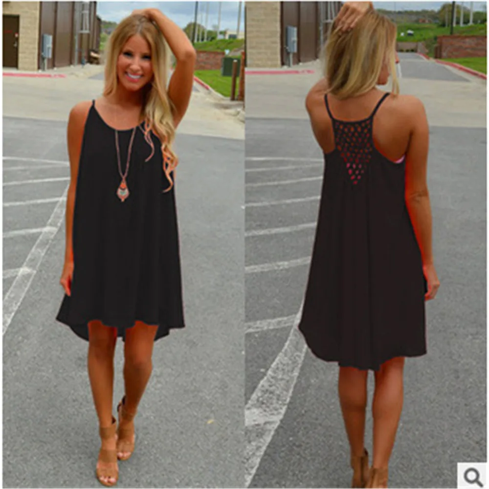 Daddy Chen Summer Beach Dress Sexy Strap Big Size Loose Casual Chiffon Spaghetti Mesh Backless Solid Vestiti Donna | Женская одежда