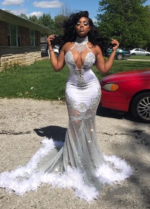 High-Neck Mermaid Prom Dress Lace Feather Evening Gowns