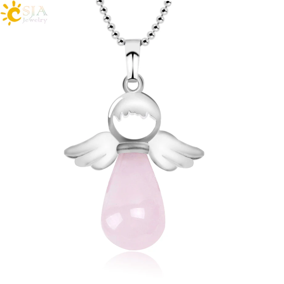 CSJA Ангел крылья натуральный камень ожерелья розовый кварц Лазурит ангелы подвески для женщин Девушка фиолетовый женские ювелирные изделия подарок E947 - Окраска металла: Rose Quartz