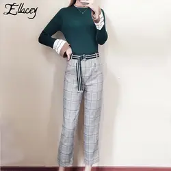 Ellacey с расклешенными рукавами свитер карандаш штаны комплект из двух предметов Для женщин трикотажный пуловер клетчатые брюки комплект из