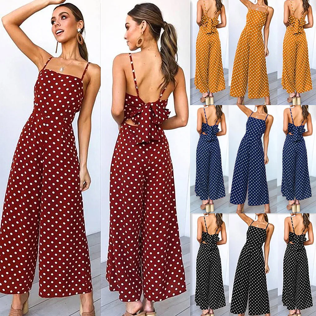 

Polka Dot Holiday Wide Sling summer clothes for women Leg Pants Long Jumpsuit Backless Strappy Playsuit palazzo mujer jum#35