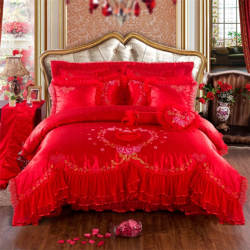 Розовый шелковый атлас вышитые жаккардовые постельные принадлежности набор свадебный домашний текстиль роскошный пододеяльник романтические кружева принцесса покрывала