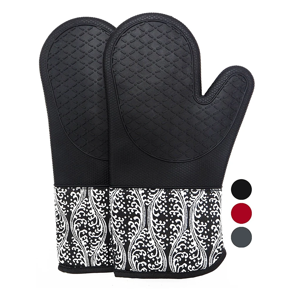 Heat Resistant Silicone Oven Mitts With Quilted Cotton Lining,Non Slip
