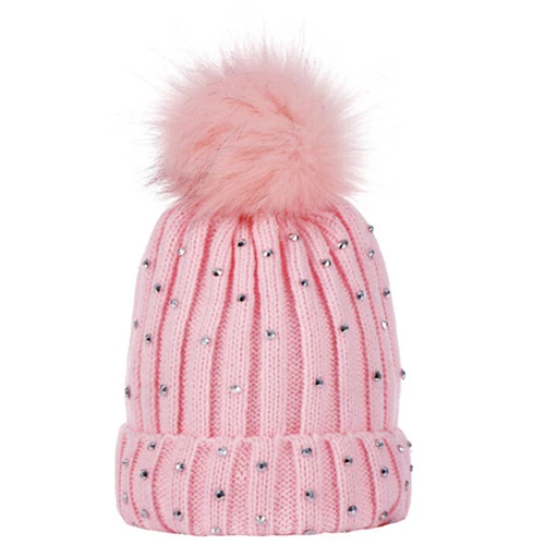 Модные стразы детская зимняя шапка для маленьких девочек с помпонами теплая вязаная шапка для новорожденного детская шапка для девочек милые детские шапки - Цвет: As photo shows