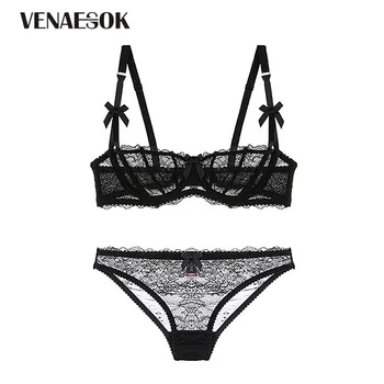 

Embroidery Flowers Ultrathin Plus Size Bra Underwear Set White Transparent Women Lingerie Set Sexy Lace Bra Half Cup B C D Black