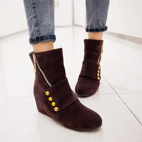 

New 2014 Autumn Winter Women Suede Leather Ankle Boots Flat Heels Buckle Fashion Shoes zipper inside wedges short riding boots