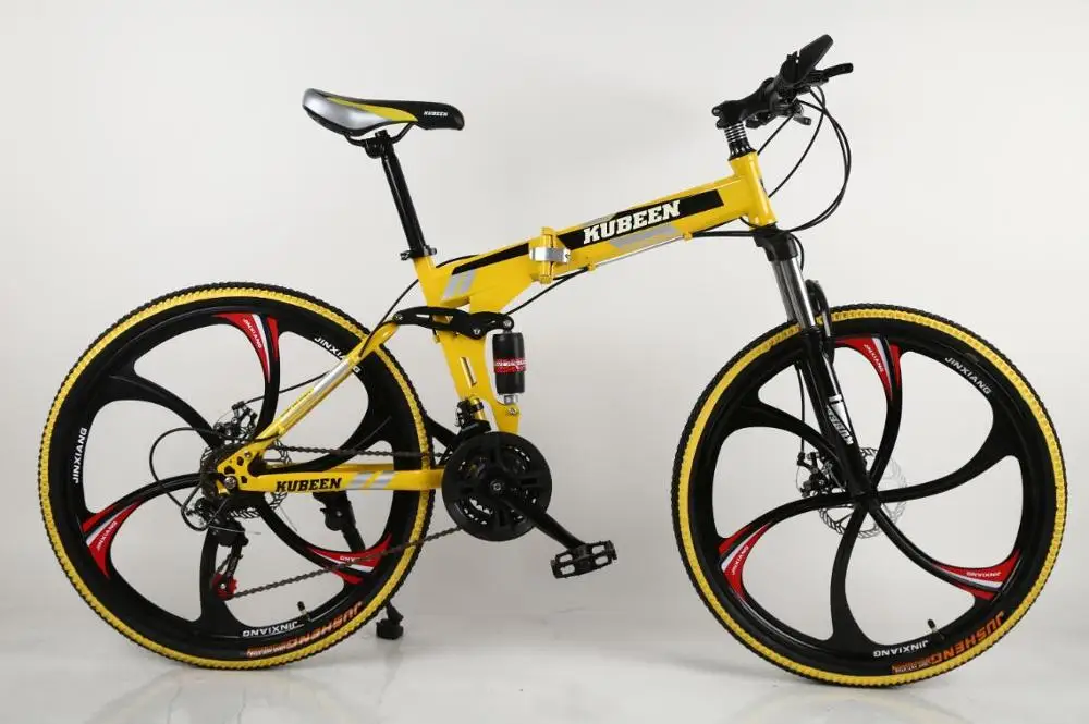 KUBEEN 26 дюймов складной горный велосипед 21 скорость двойной демпфирующий велосипед двойные дисковые тормоза горный велосипед - Цвет: yellow 6knives wheel