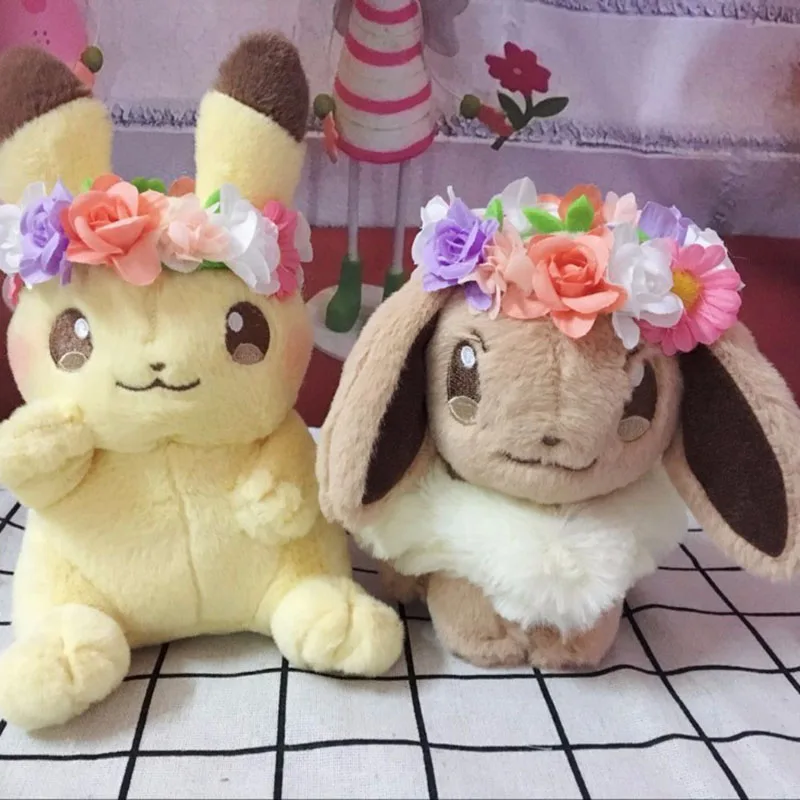 

18cm Cartoon Anime Characters pika & Eevee with Wreath Stuffed Plush Toys pkm Plush Dolls Toy Gifts for Children