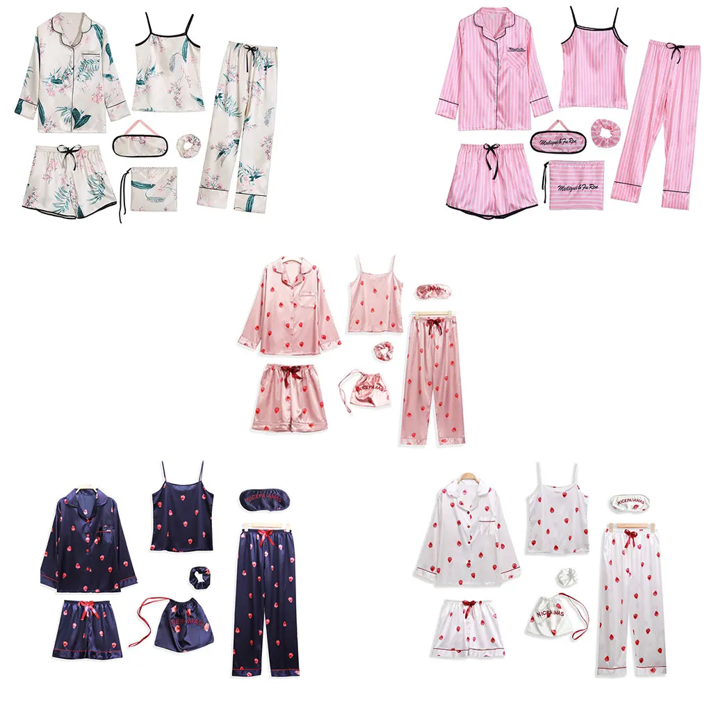 

7pcs/set Women Pajamas Set Sleepwear SeLy Shorts Lingerie Robe Pyjama Girls Top Fashion Clothes
