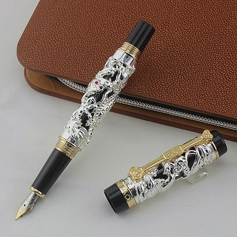 

Jinhao Dragon Phoenix Vintage Luxurious Fountain Pen, Metal Carving Embossing Heavy Pen, Noble Silver & Black for Office School