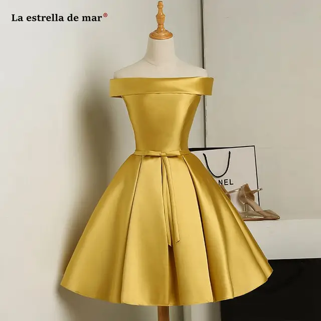 Wedding Guest Dress New Satin Boat Neck Short Sleeve A Line Gold
