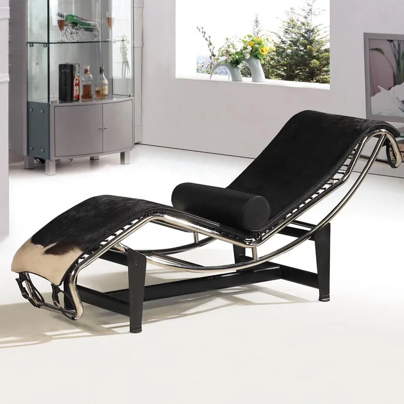 Black and white cow leather LC4 chaise lounge minimalist modern stainless steel metal rocking
