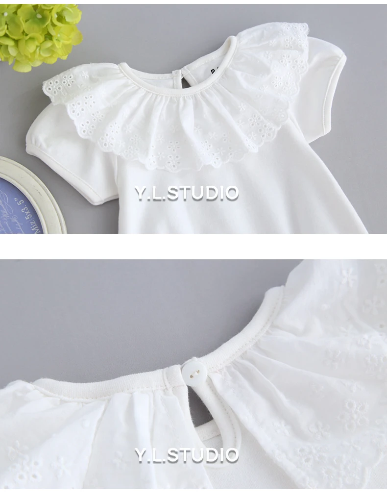 Для маленьких девочек боди хлопковый комбинезон с коротким рукавом белый с цветочным кружевом пуловер Милая Одежда для новорожденных комбинезон Одежда для малышей