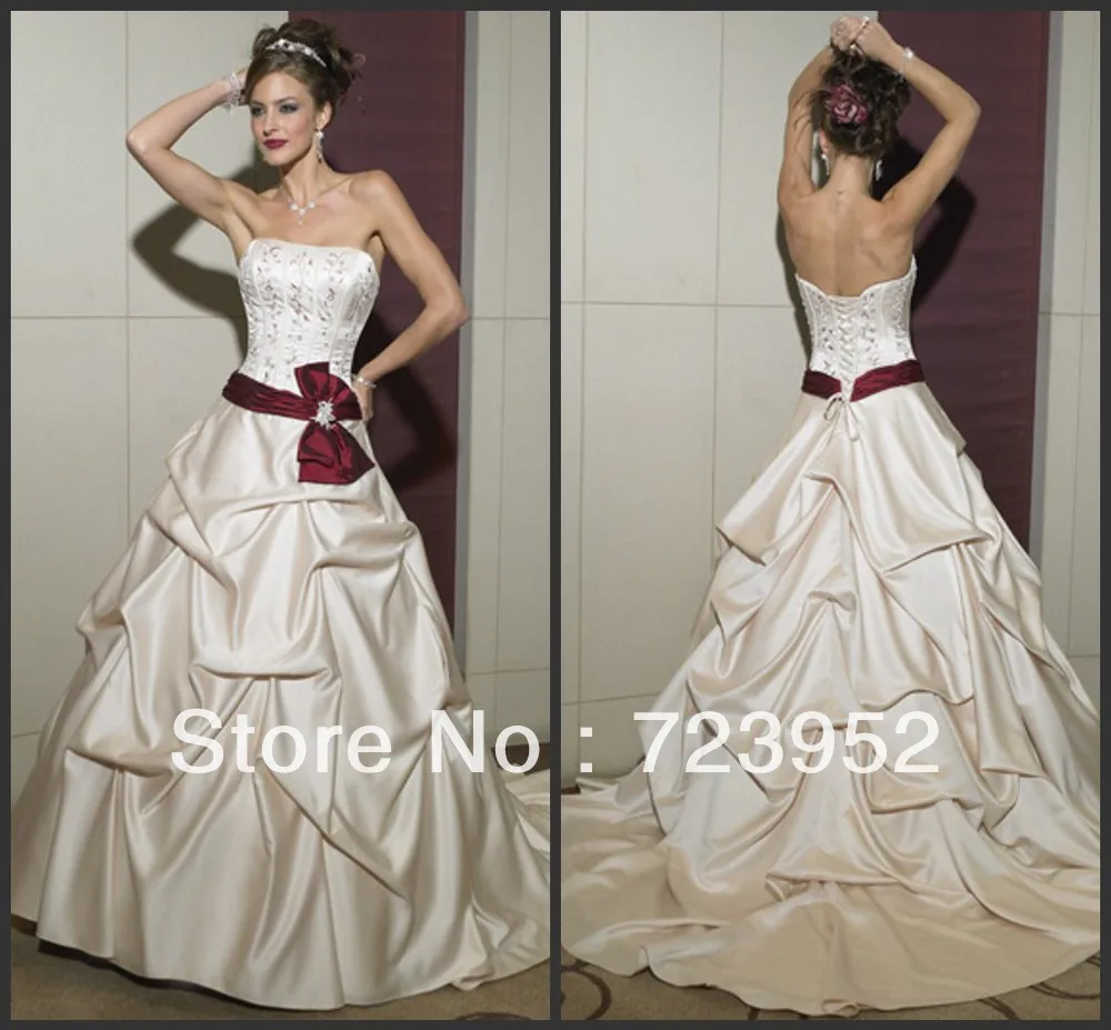 The Most Popular Strapless Satin Bubble Red Belt Bow Wedding Dress