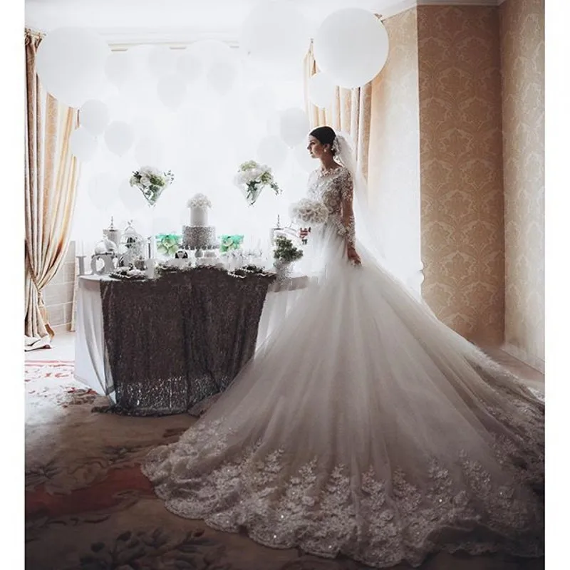 Robe De Mariage винтажные кружевные аппликации Роскошная свадебная одежда вышитые бисером Длинные рукава очаровательные свадебные платья Vestido De Novia