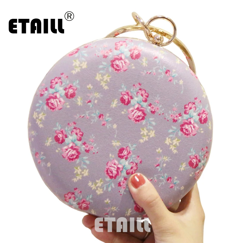 ETAILL Diamonds Circular Handle Flowers Round Shoulder Bag Ball Shaped Handbag with Golden Chain