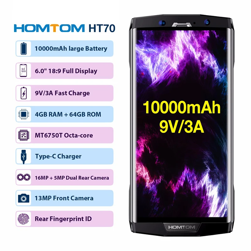 HOMTOM HT70 10000mAh аккумулятор 6 0 &quotHD 18:9 экран смартфон MTK6750T Восьмиядерный 4G ram 64G rom 16MP +