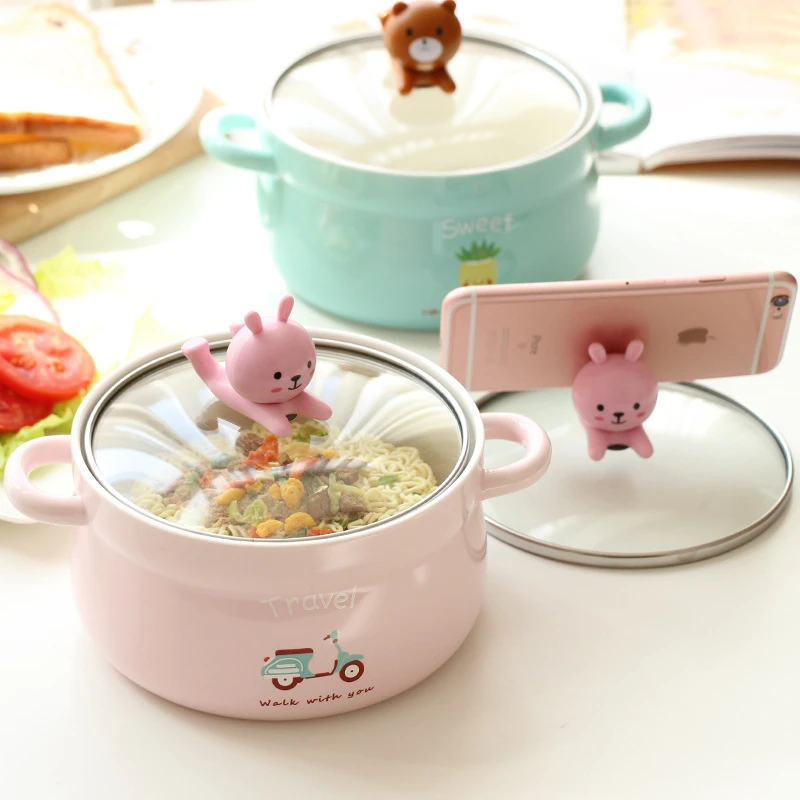 

1000ml Cartoon Ceramic Lunch Bowl Creative Student Rice Bowl Household Soup Noodles Dish Bowl with Mobile Phone Holder Function